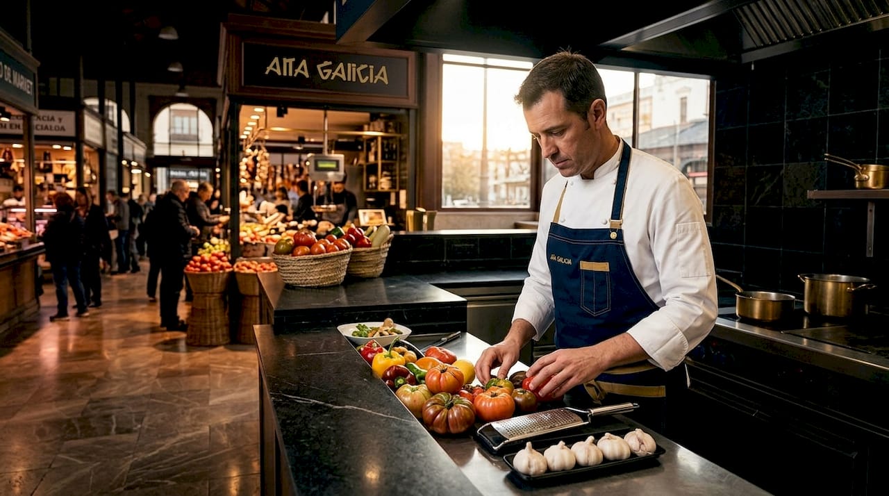 Cocinero eligiendo las mejores verduras frescas en una cocina de mercado