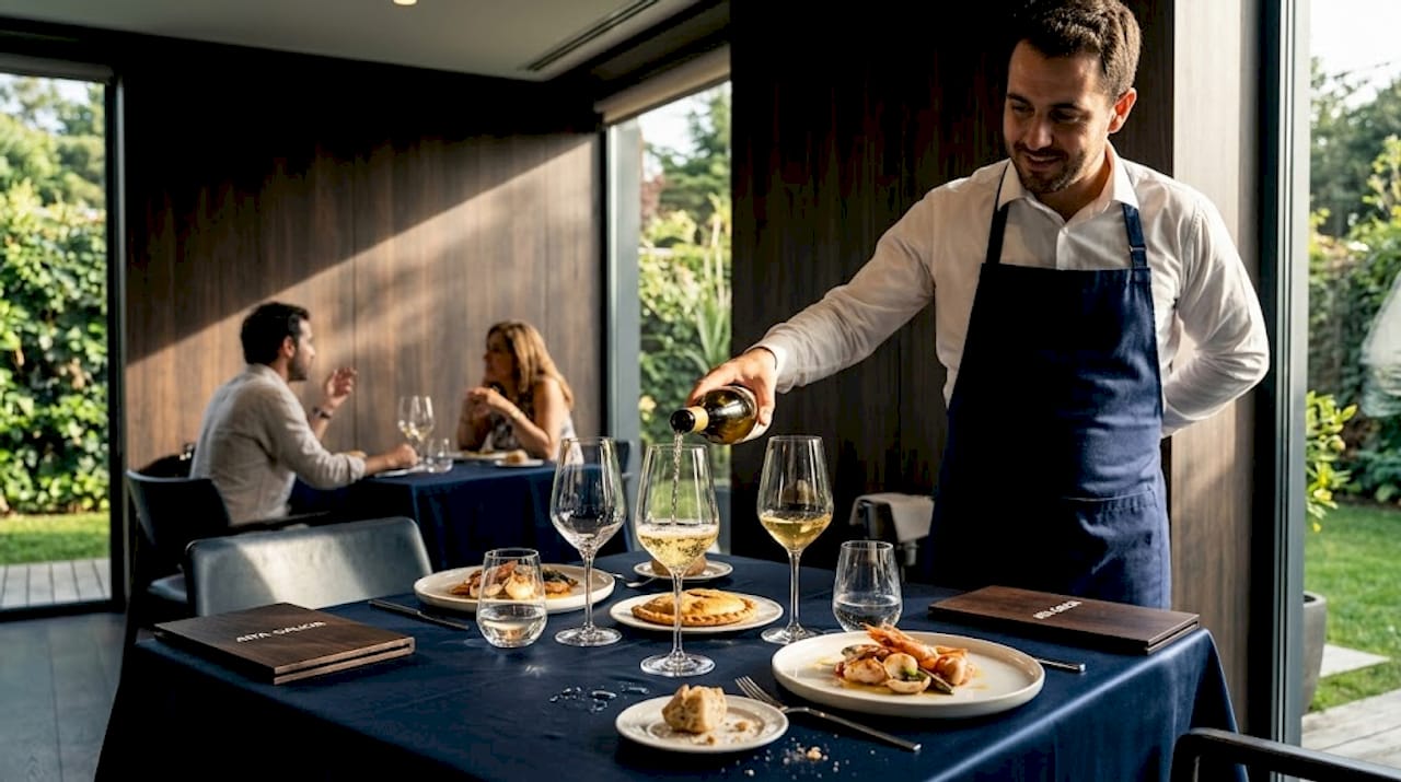 Un camarero descorcha y sirve un vino gallego en un restaurante de ambiente sofisticado.