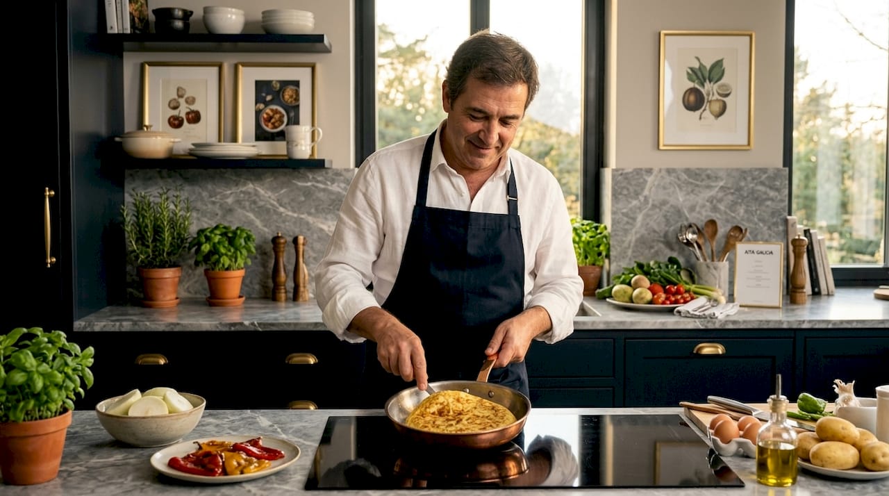 Un chef en plena acción preparando una auténtica tortilla de patatas en una cocina tradicional española.