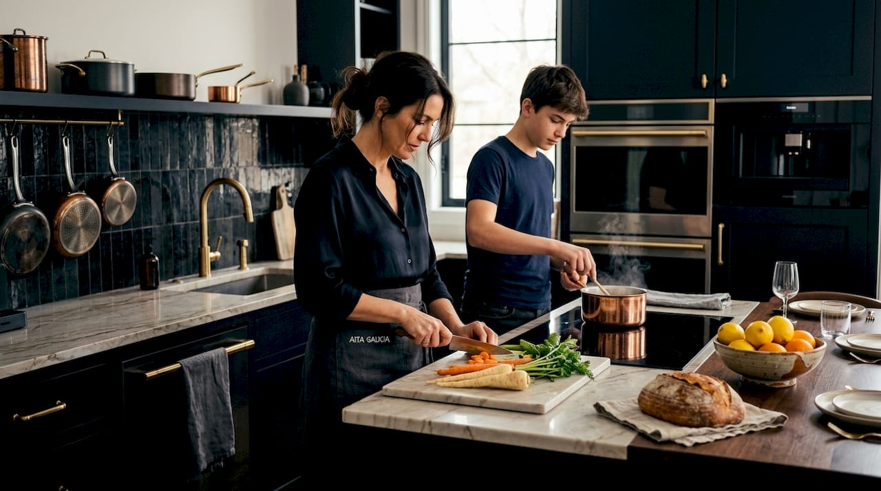 Una mamá y su hijo compartiendo tiempo en la cocina, preparando juntos una receta casera.