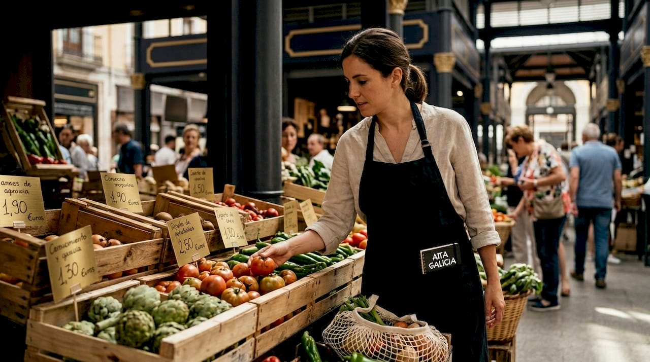 Un chef elige cuidadosamente los productos más frescos en un mercado tradicional español.