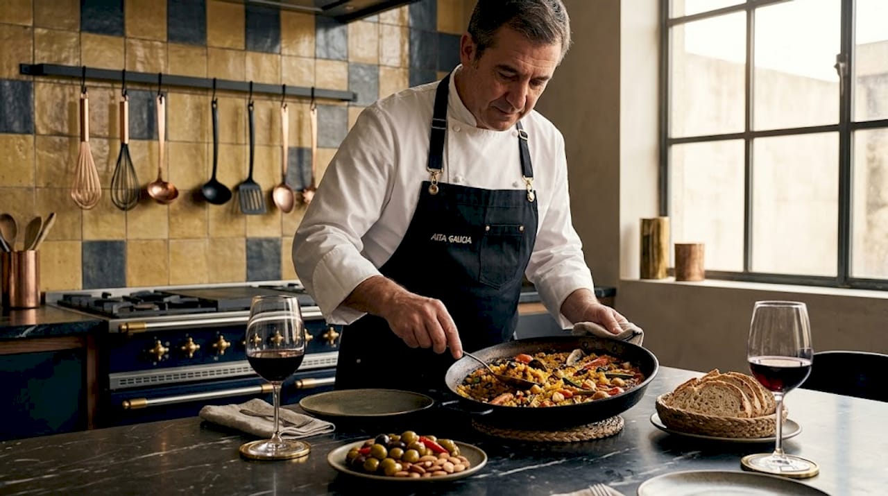 Cocinero preparando y sirviendo paella y tapas típicas en una auténtica cocina española.