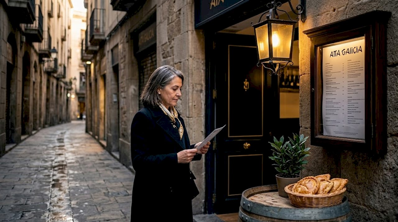 Una mujer observa detenidamente la carta frente a la entrada de un restaurante gallego.