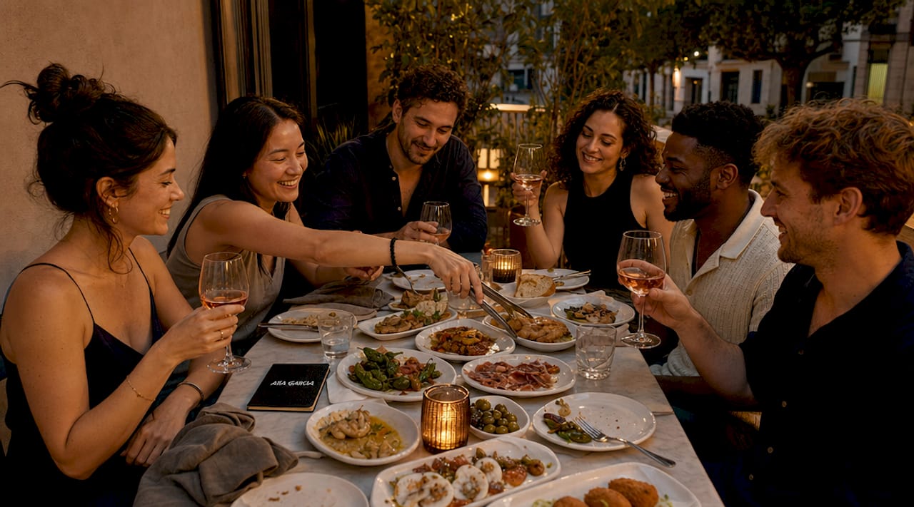 Un grupo de amigos disfrutando de una cena con platos para compartir en un restaurante de Barcelona.
