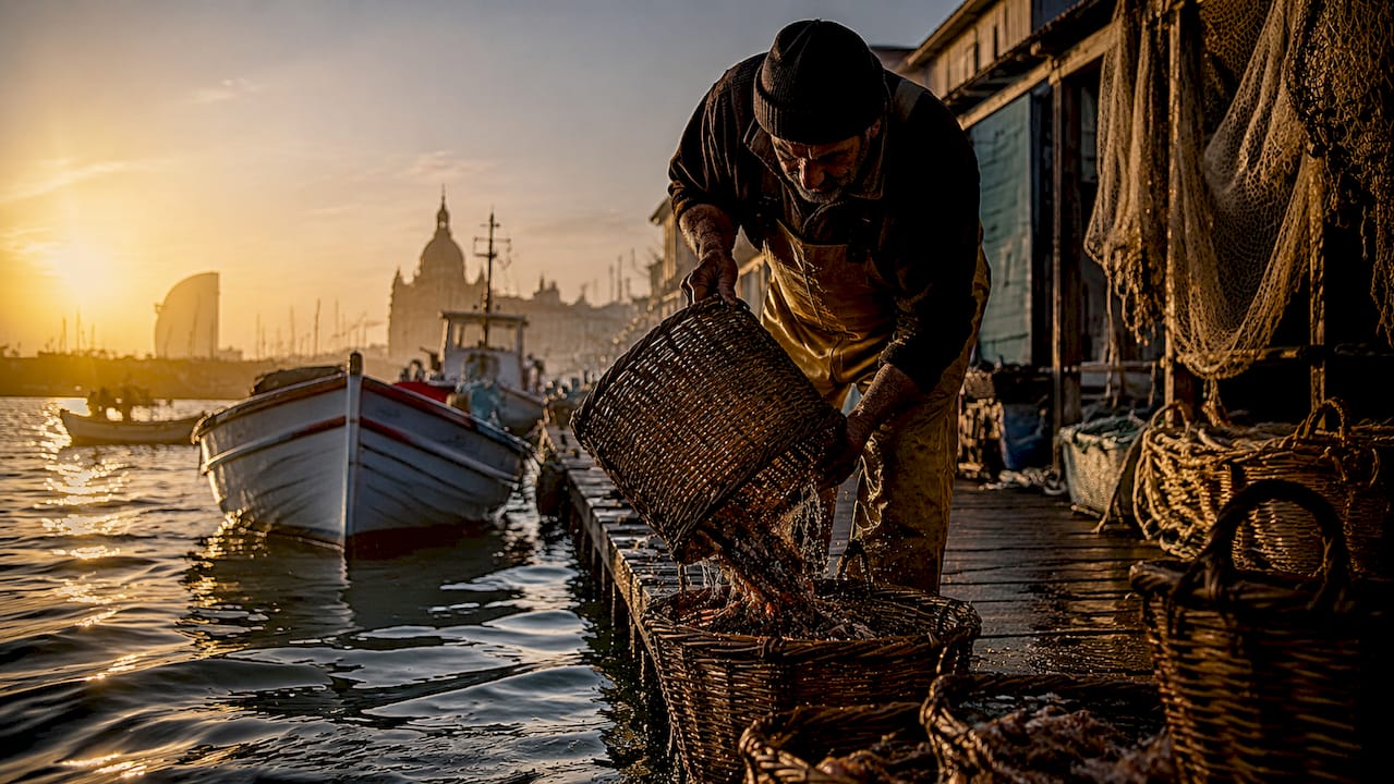Un pescador descarga marisco recién capturado en el puerto de Barcelona.