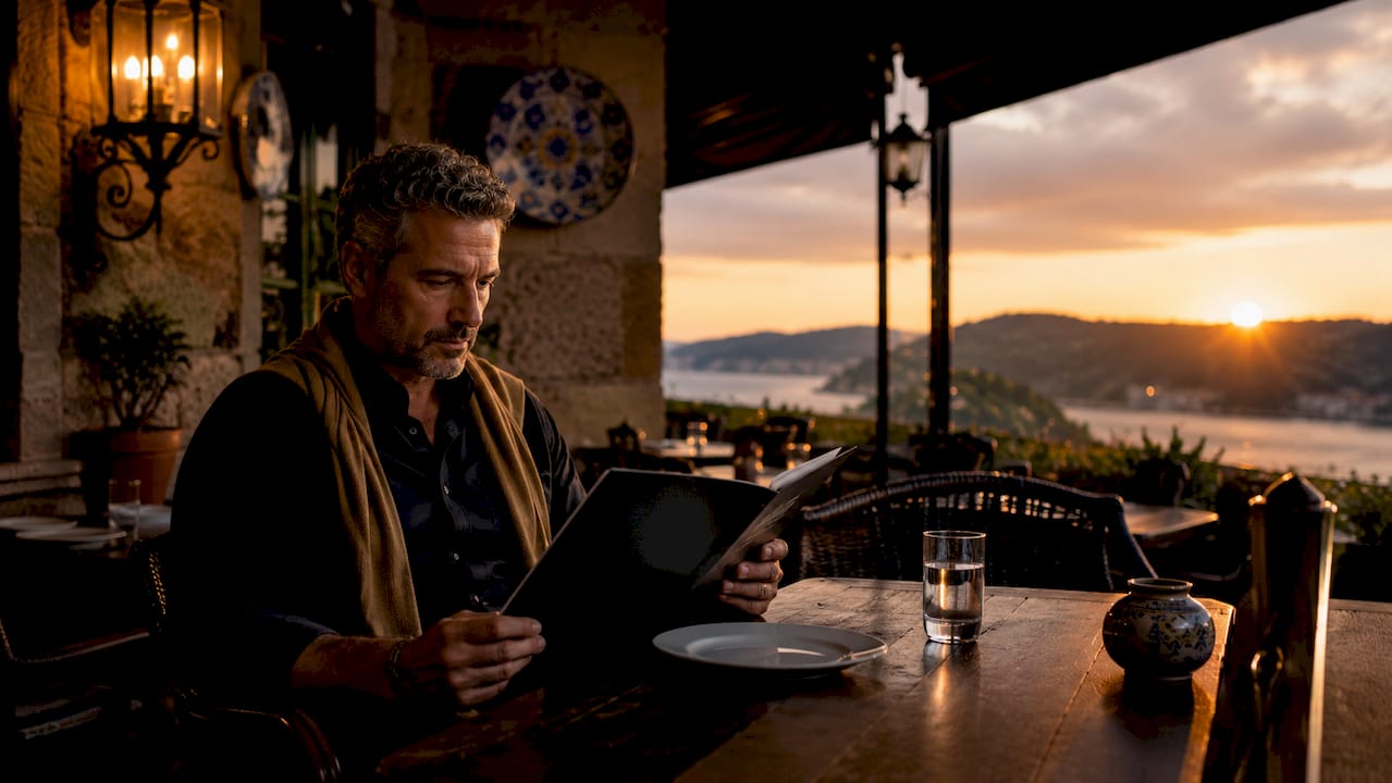 Hombre hojeando la carta en un restaurante típico gallego