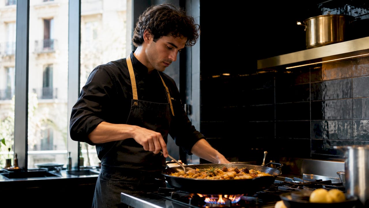 Un chef cocina una auténtica paella en la cocina, cuidando cada detalle para lograr el sabor tradicional.