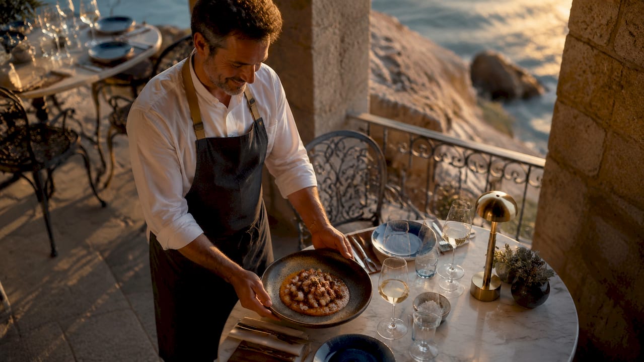 El chef prepara y sirve un pulpo a la gallega en un restaurante de Cataluña.