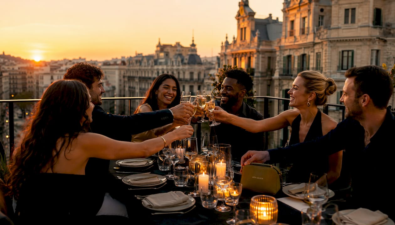 Un grupo de amigos disfrutando de una celebración de cumpleaños en un restaurante de Barcelona.