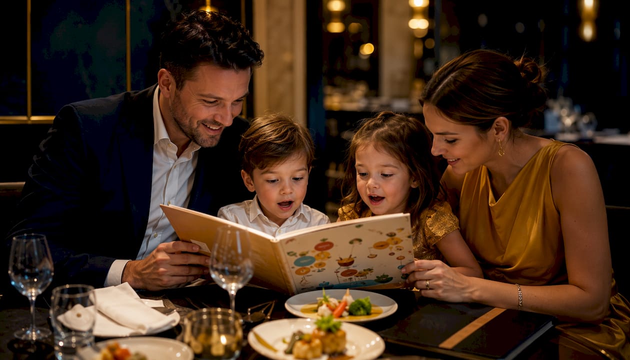 Una familia con niños revisa la carta infantil en un restaurante