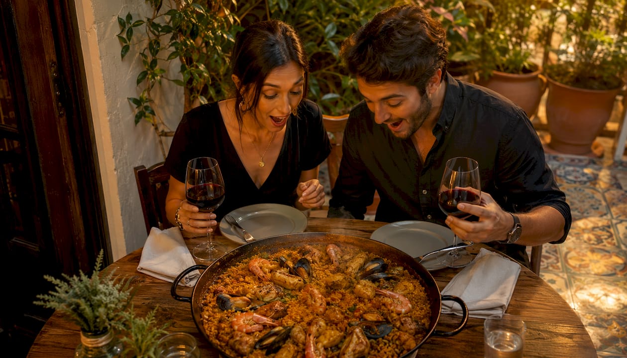 Una pareja saboreando una auténtica paella en un restaurante tradicional de Valencia.