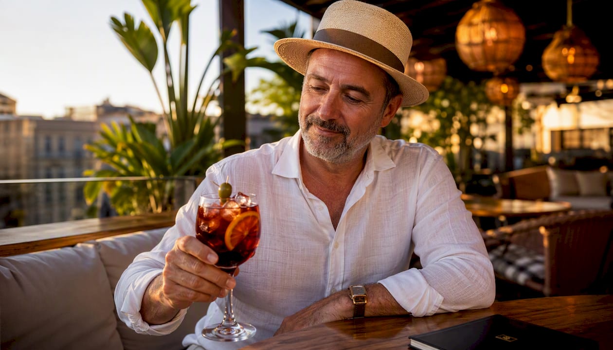 Un hombre saboreando un vermut en la terraza, disfrutando del buen ambiente.