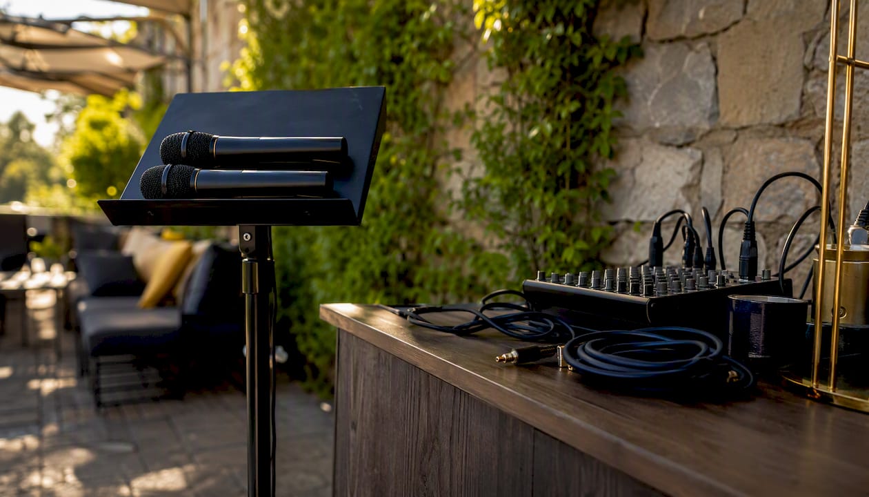 Preparativos para una fiesta de cumpleaños con karaoke: micrófonos y mesa de mezclas listos para animar la noche.