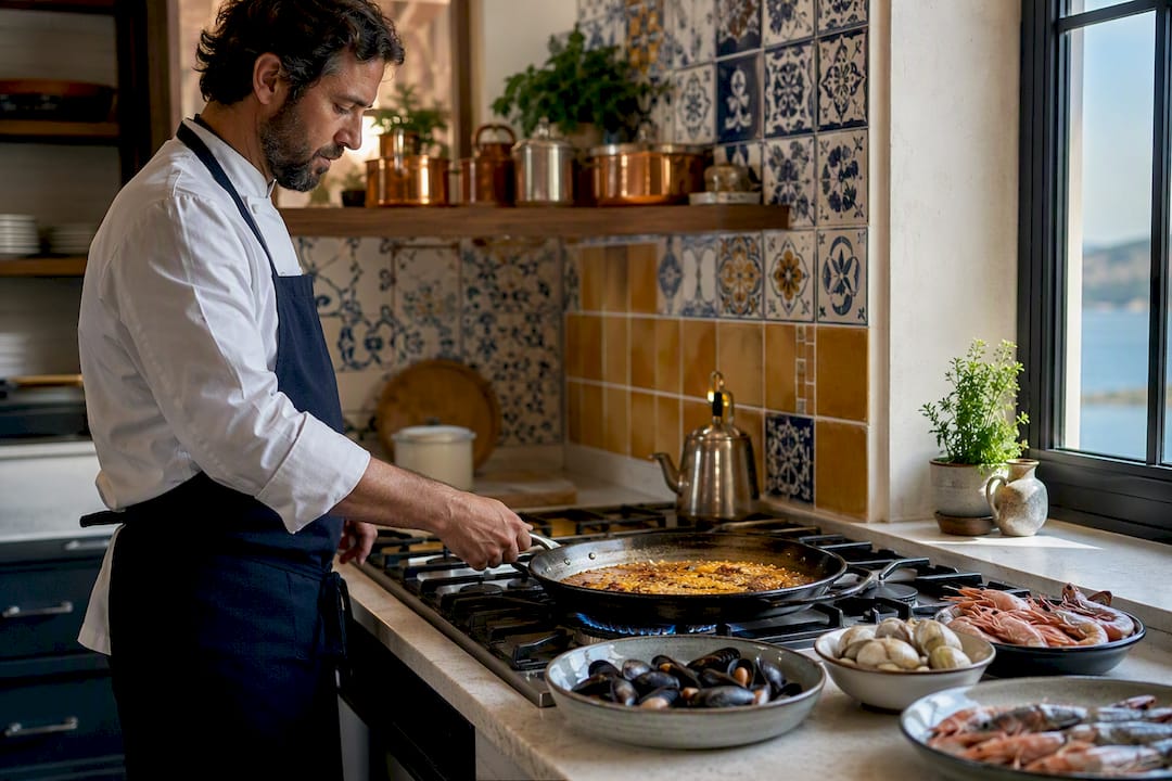 Chef preparando una paella de mariscos en la cocina