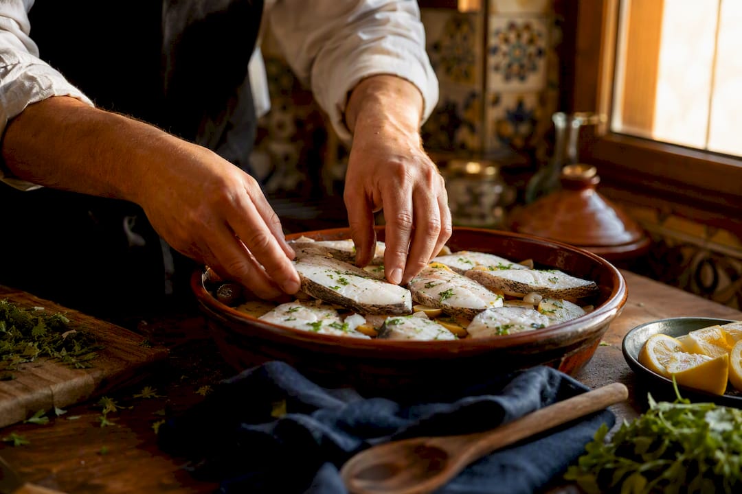 Chef preparando caldeirada en una cazuela de barro