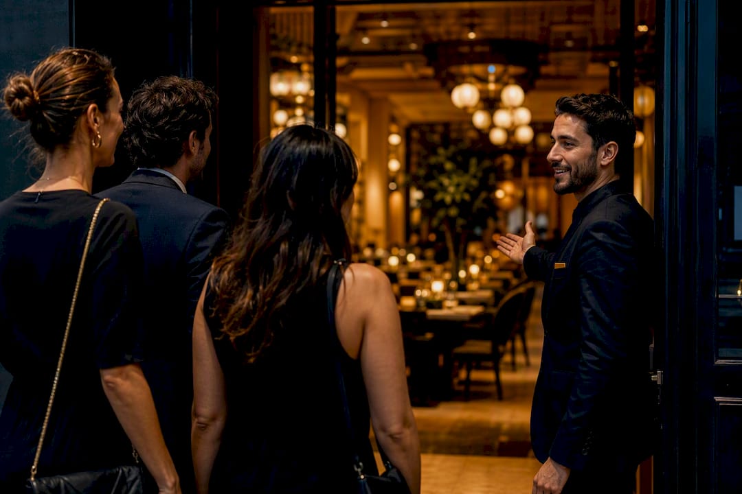 Grupo llegando a un restaurante reservado