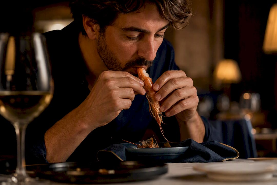 Persona comiéndose una gamba con las manos